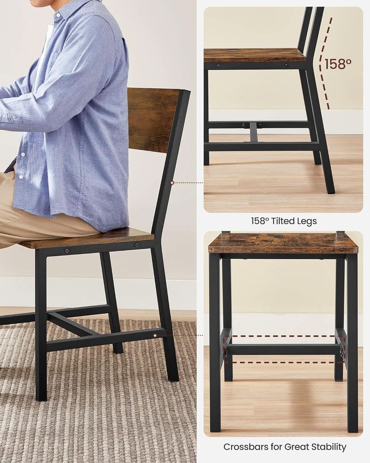 Dining Chair Set of 4 Rustic Brown Chairs With Metal Frame