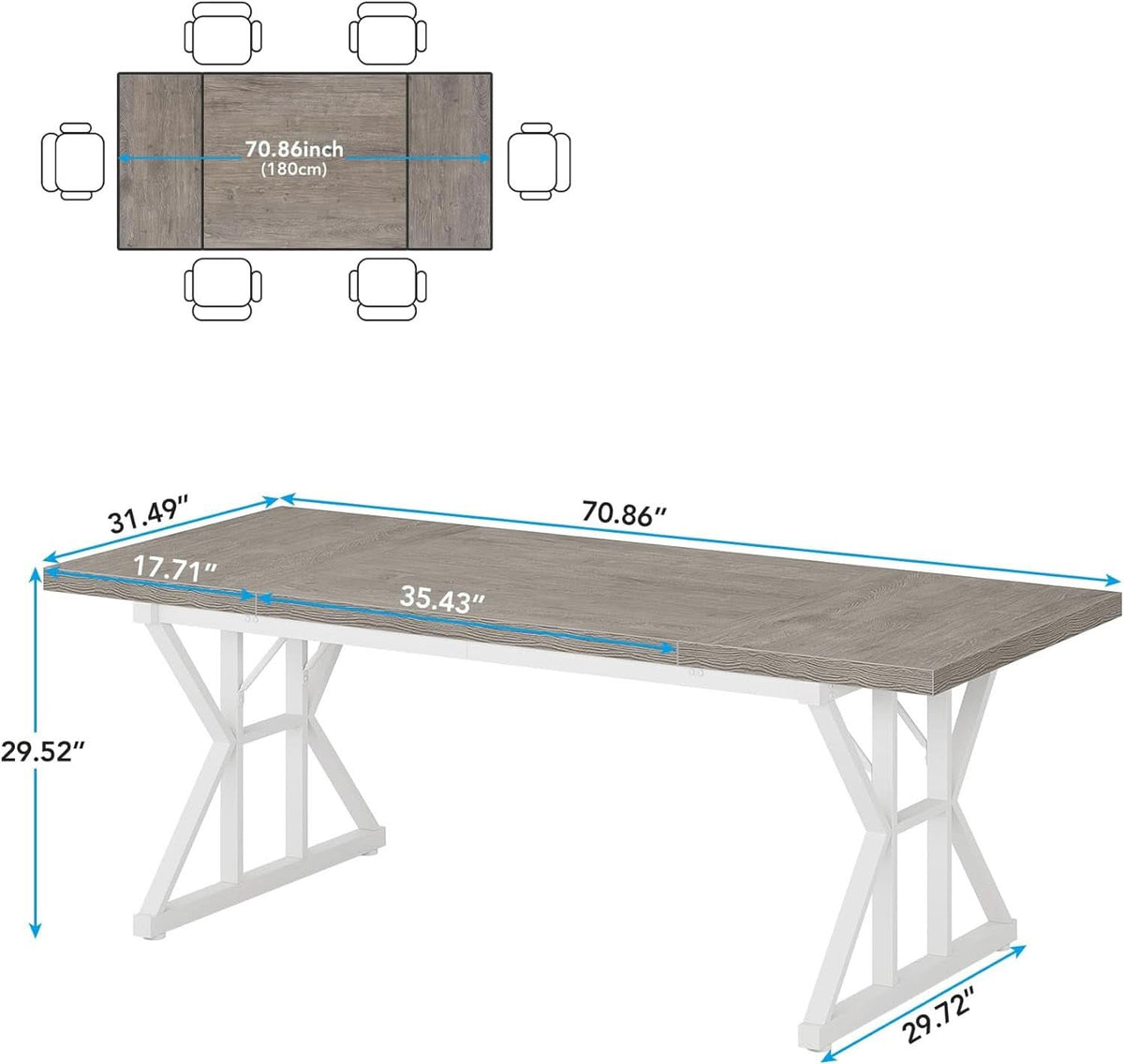 Farmhouse 6 Person Dining Table 70.8 Inch Grey Wood Table