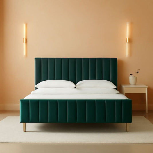 Queen Size Velvet Platform Bed EmeraldGreen Headboard