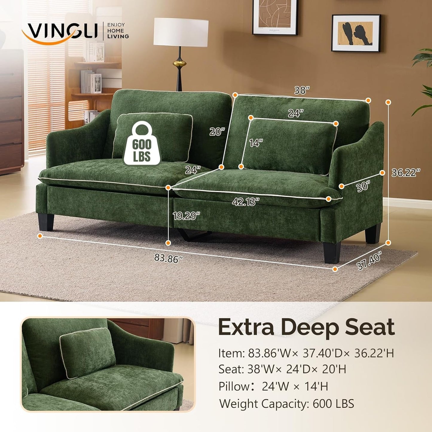 84 Inch Extra Deep Luxuriously Textured Linen Velvet Sofa-1