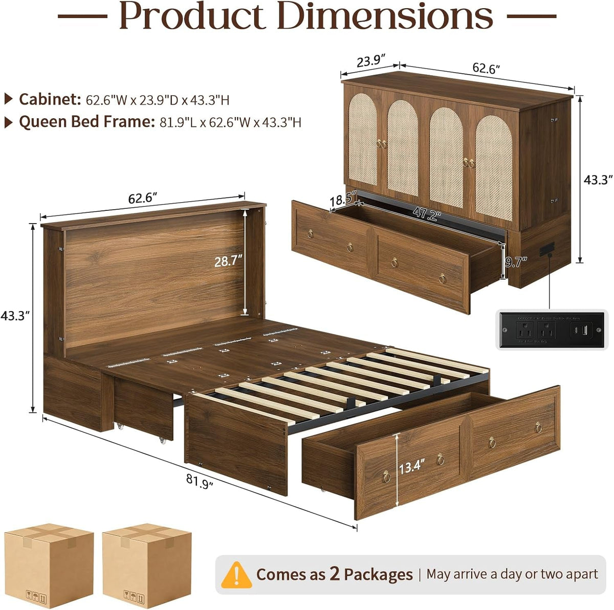 Queen Murphy Platform Bed With Integrated Charging