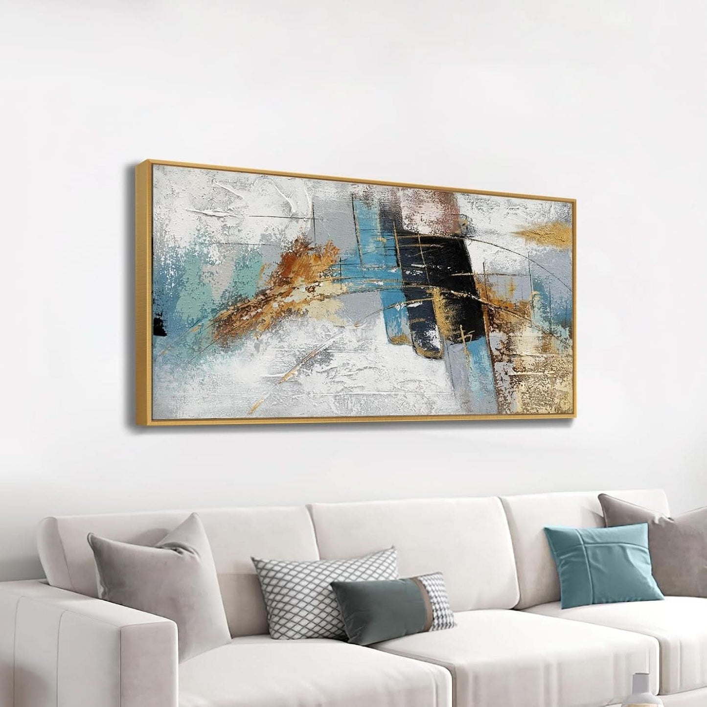 Framed Abstract Oil Painting 60x30 Inch Textured Blue