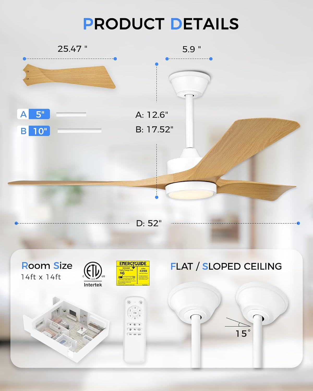 52 Inches Corrosion Resistant Ceiling Fan LED Light