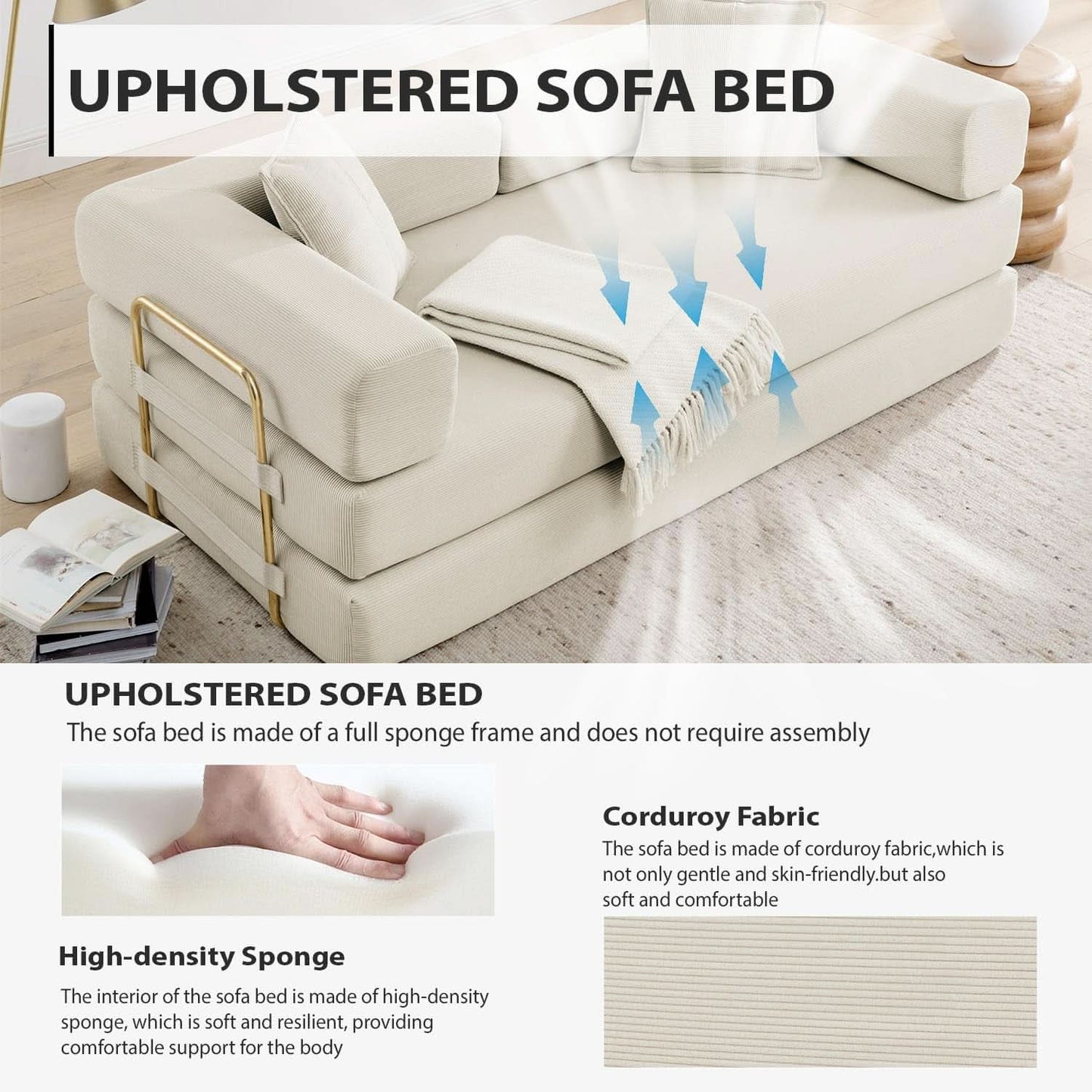 78Inch Convertible Sleeper Sofa Bed Beige Upholstery