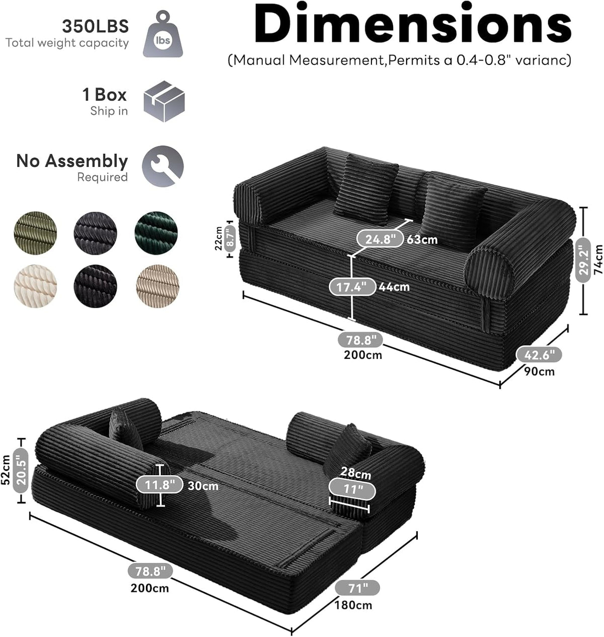 79 Inch Convertible Sofa Bed Black Luxurious Comfort-2