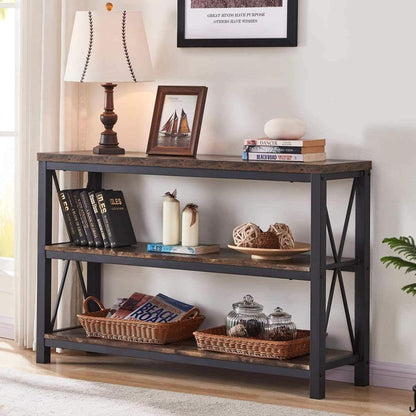 Rustic 47 Inch 3 Tier Sofa Console Table With Open Shelves