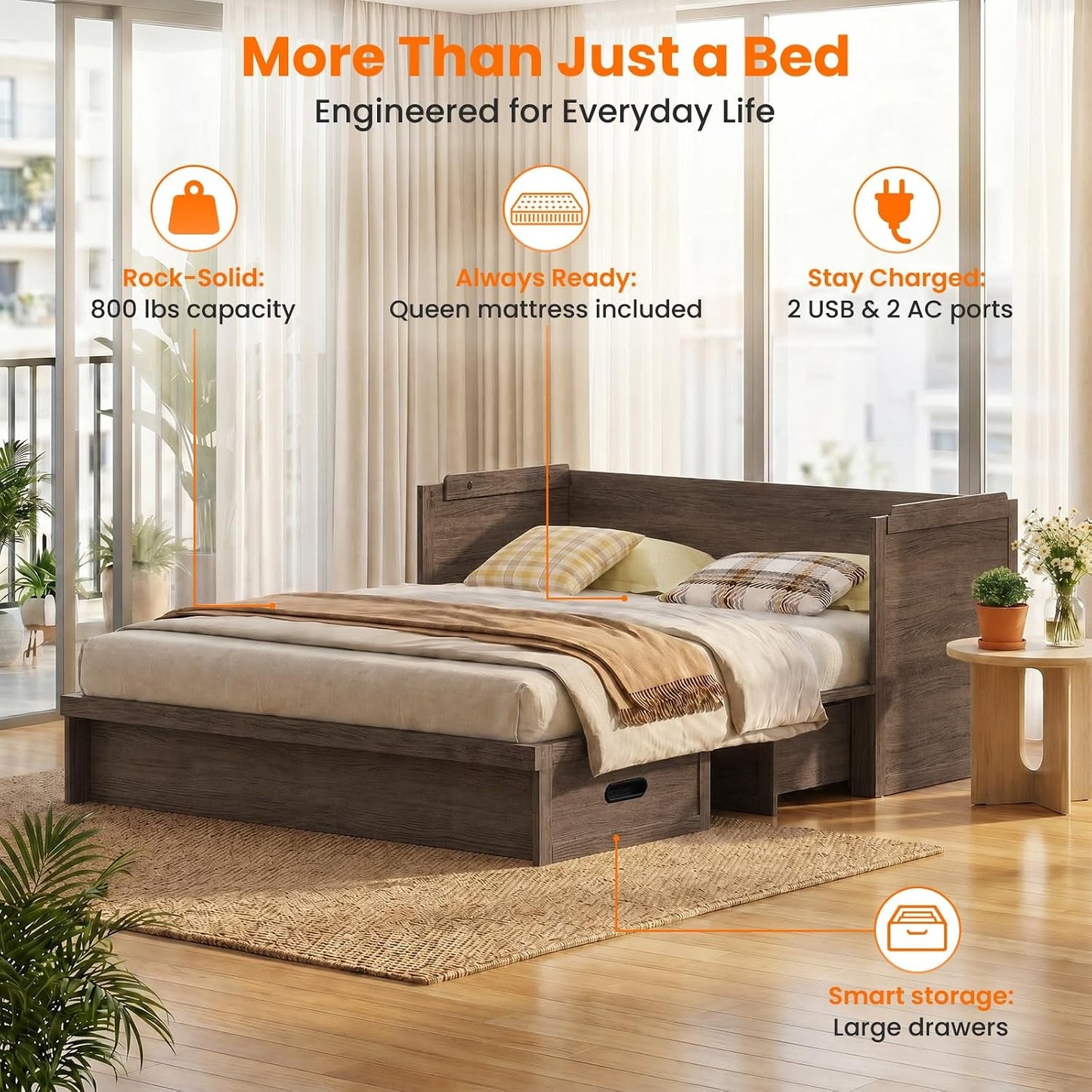 Murphy Bed Queen Mattress Included Grey Finish Drawer
