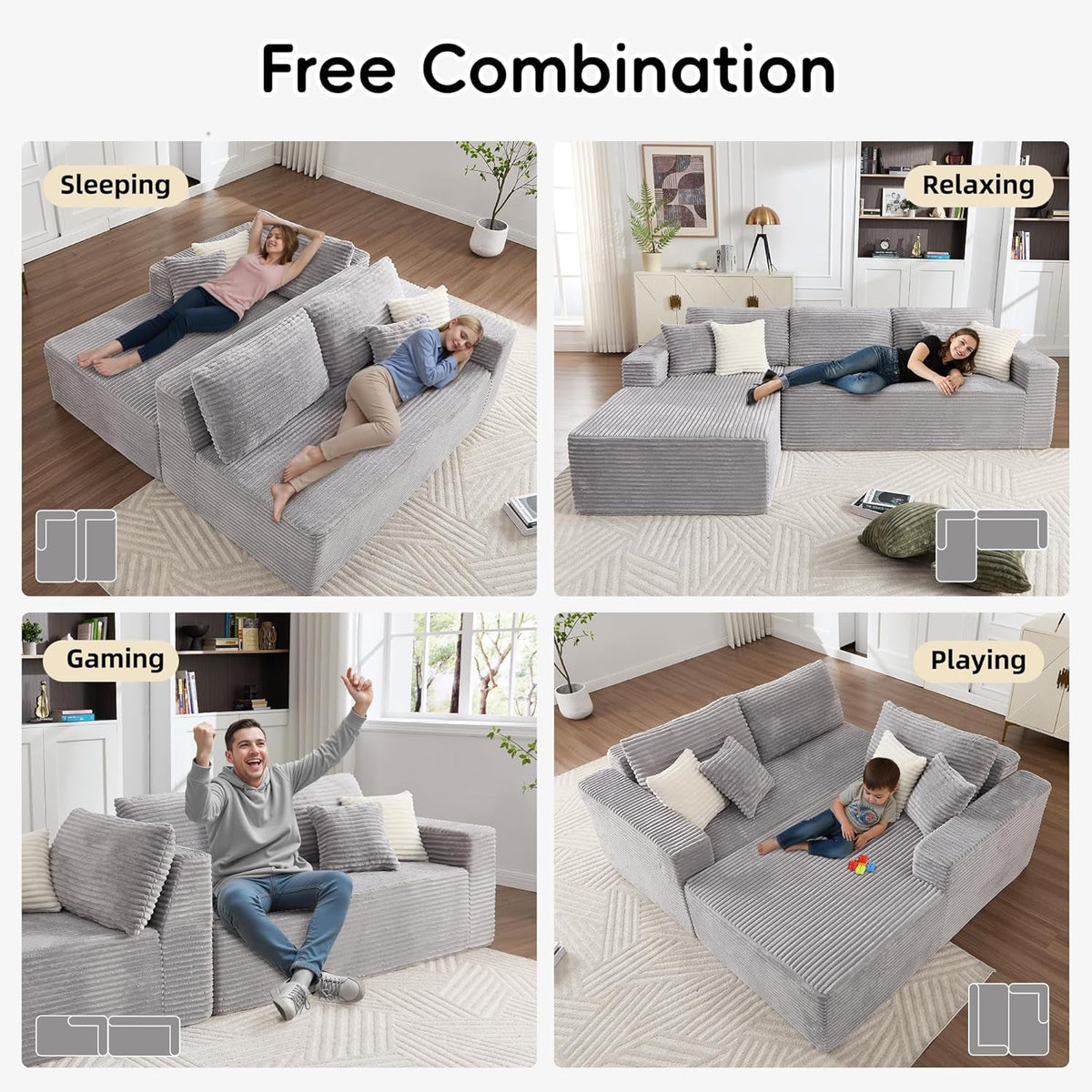 108 Inch Grey Upholstered Modular Sectional Chaise