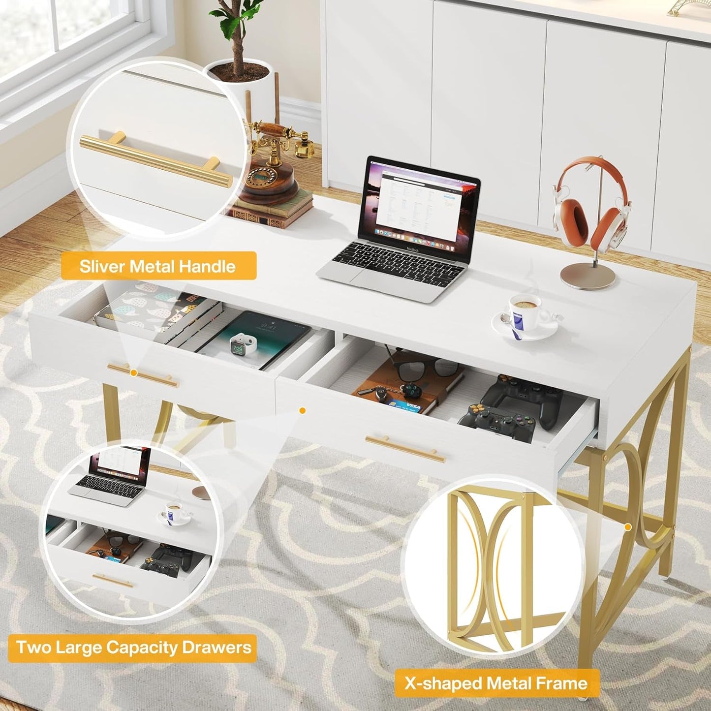 White And Gold 41Inch Workstation Desk With Drawers