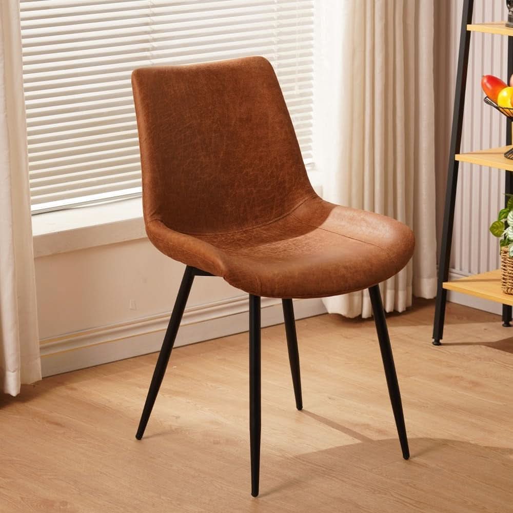 Brown Polyurethane Leather Dining Chairs Quadruple Set