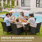 7 Piece Patio Dining Set Acacia Wood Table Black Rattan