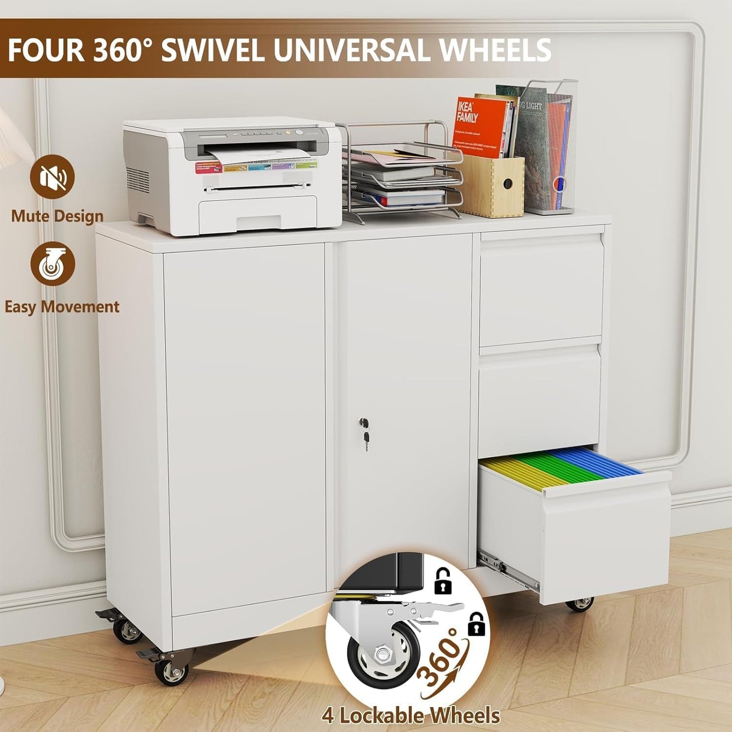 Forty Seven Inch Brilliant White Finish Rolling File Cabinet