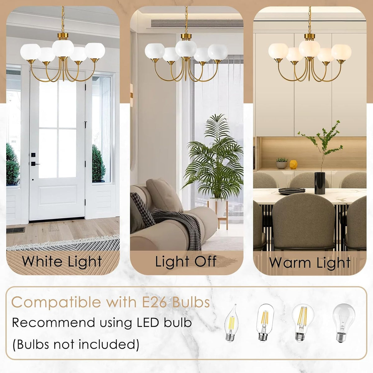 Goldtone Finish Five Lighting Milk Glass Chandelier-3