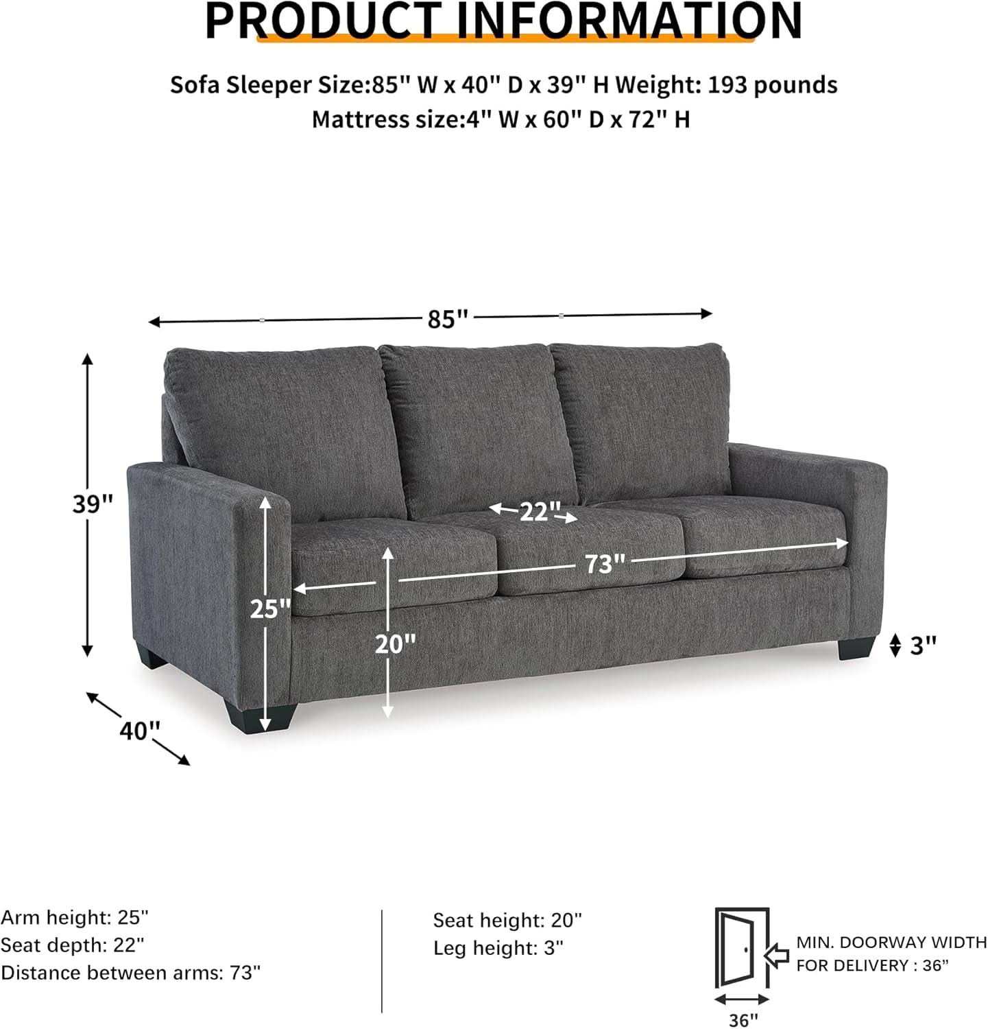 Queen Memory Foam Convertible Sofa Sleeper Charcoal