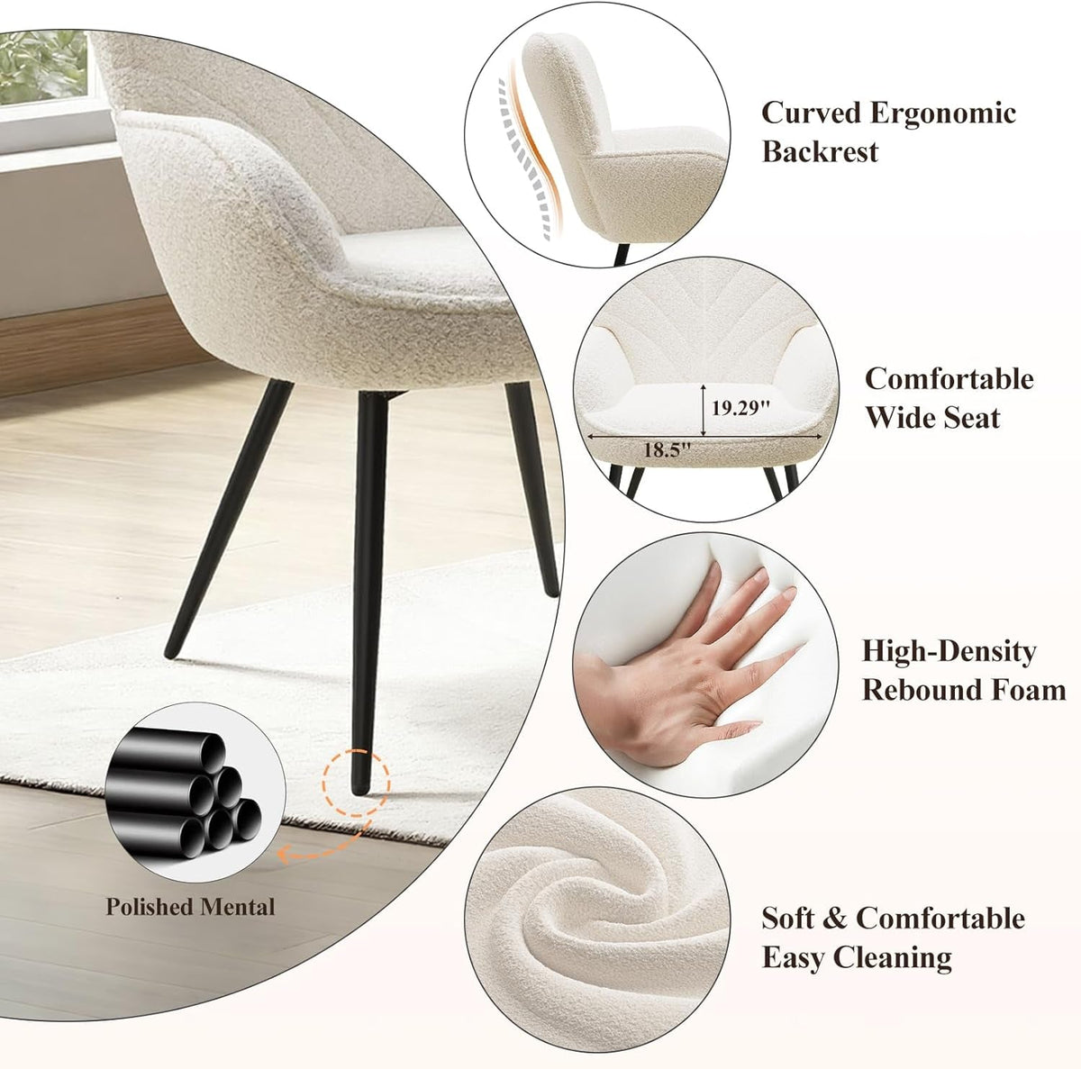Beige Sherpa Upholstered Accent Chair Curved Backrest