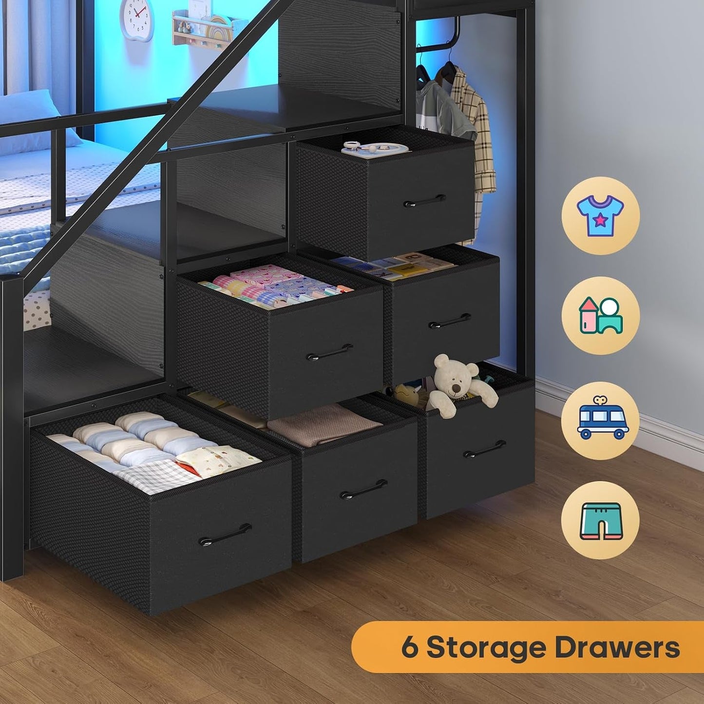 Black Full Over Full Bunk Bed LED Lighting Quality Durable