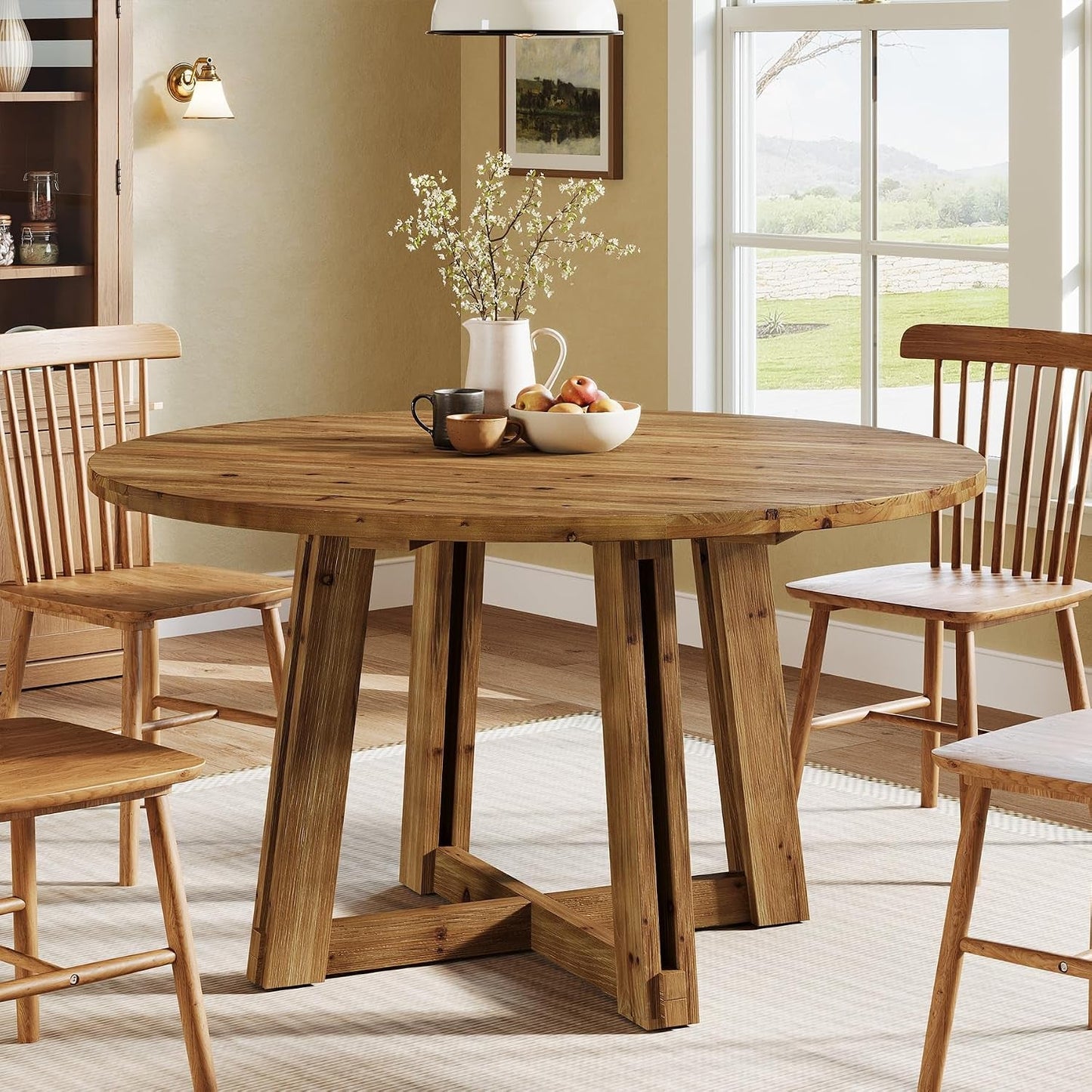 Round Hardwood Dining Tabletop Rustic Brown Finish