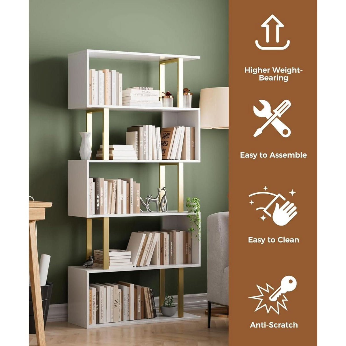 Gold 5 Tier S Shaped Wooden Bookcase For Living Room-3