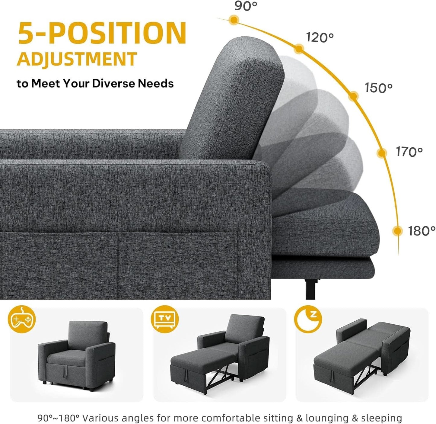 SlateGray Convertible Sleeper Sofa Bed With Armrests