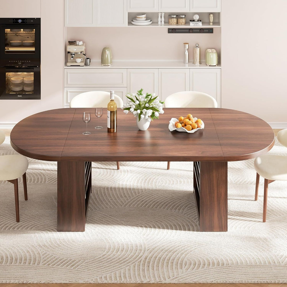 78.7 Inch Oval Walnut Dining Table Storage Shelf System