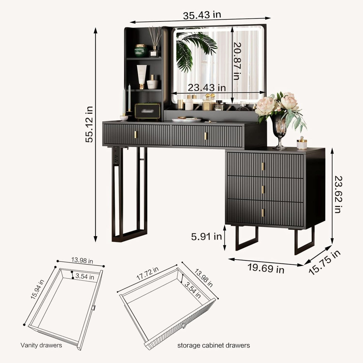 Vanity Desk With Dimmable Illuminated Mirror Black