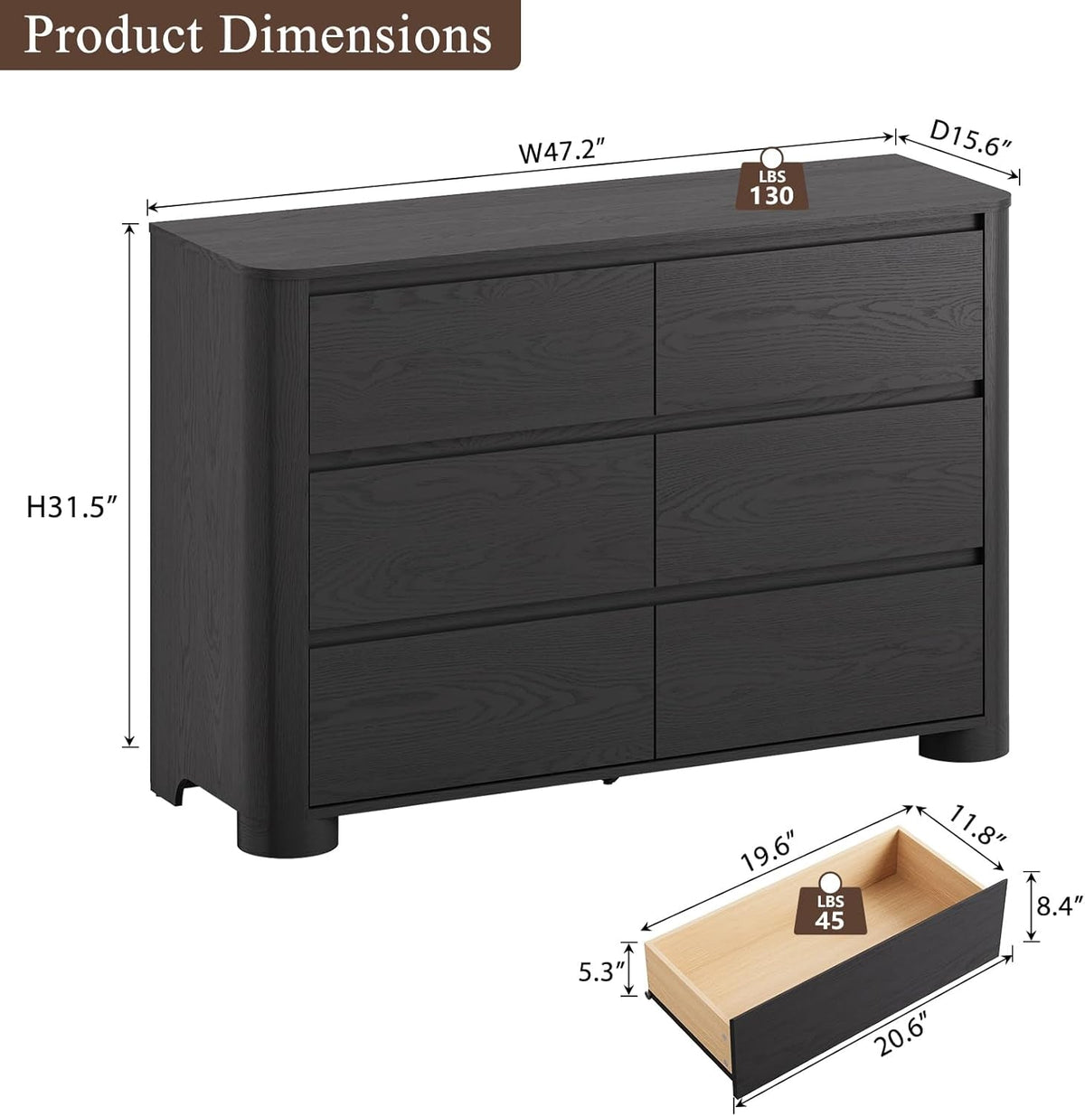 Black Six Drawer Dresser With Contemporary Woodgrain