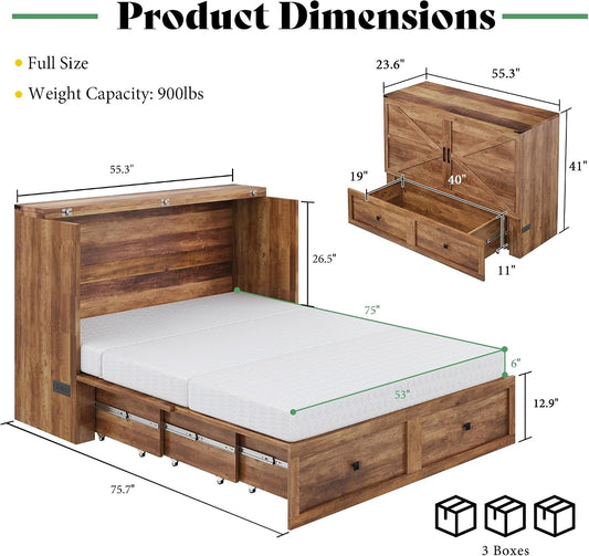Barnwood Murphy Bed Cabinet Featuring Charging Station