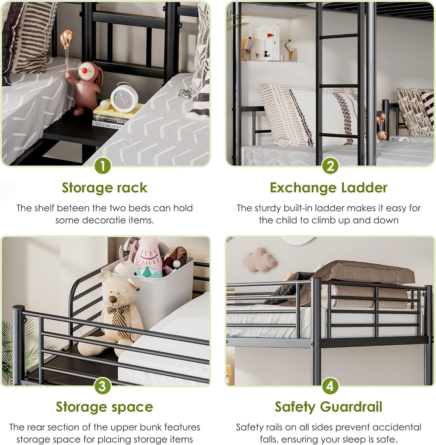 All Steel Frame Triple Bunk Bed Twin XL Guardrails Durable