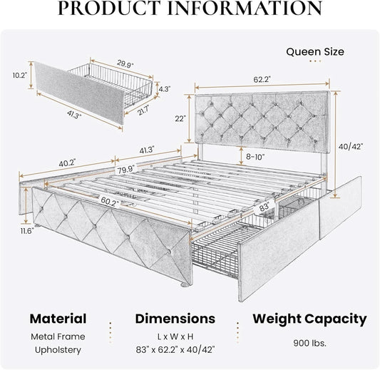 Upholstered Queen Platform Bed With Storage Drawers