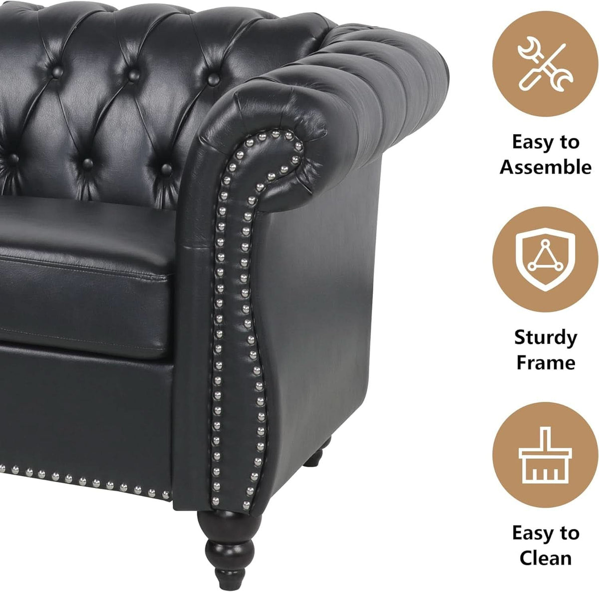 3 Piece Living Room Set Sectional Chesterfield Sofa Chair Artificial Leather Black-4