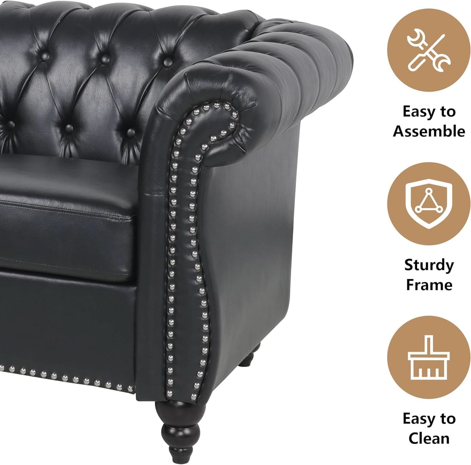3 Piece Living Room Set Sectional Chesterfield Sofa Chair Artificial Leather Black-4