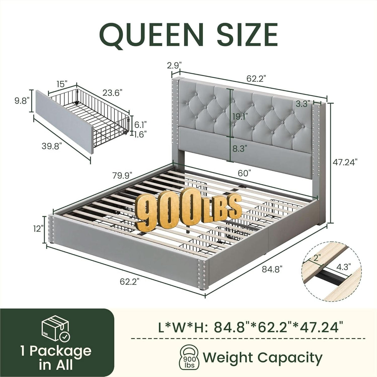 Queen Velvet Grey Upholstered Platform Bed Frame Storage