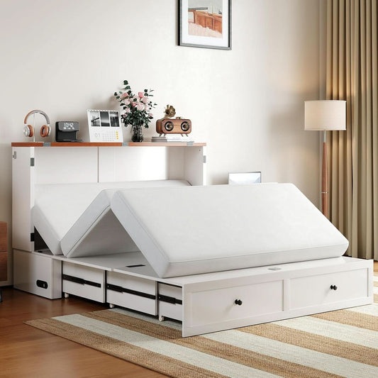 White Contemporary Murphy Bed With USB Double Drawers-1
