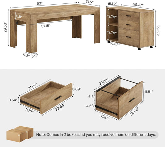 Sixty Three Inch L Shaped Desk WithStorage Drawers Brown Finish Executive Desk Premium