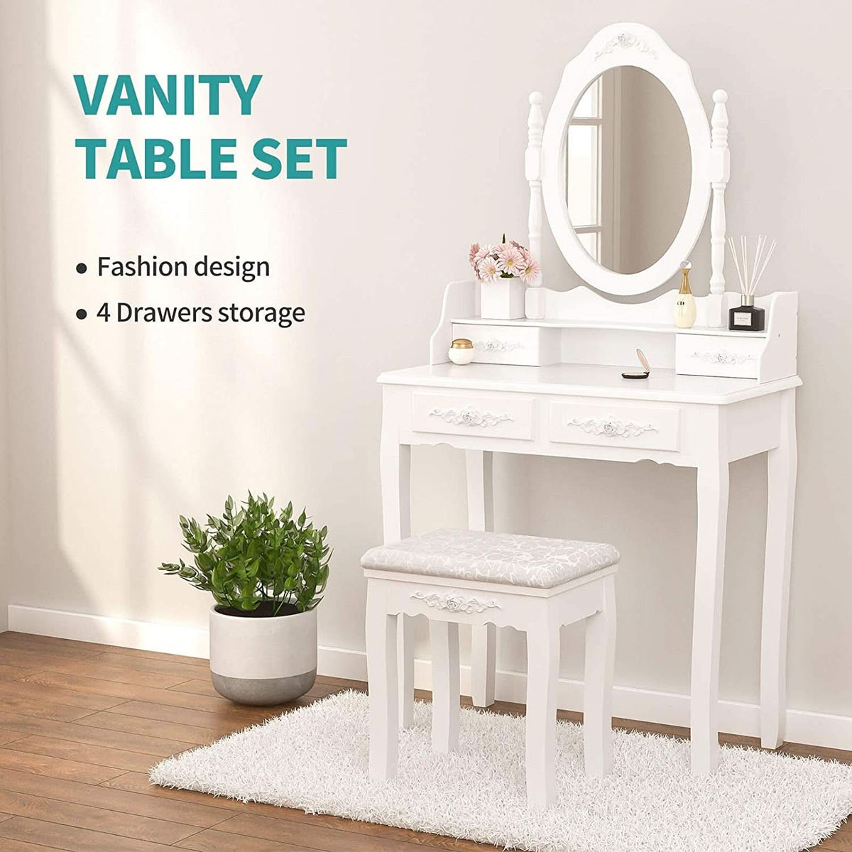 White Vanity Table Set With 360 Degree Rotating Mirror