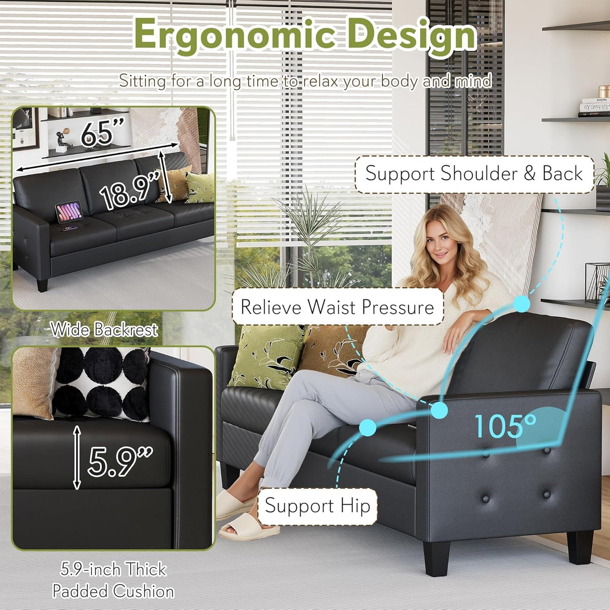 Black Seventy ThreeInch Three Seater Sofa For Living Room