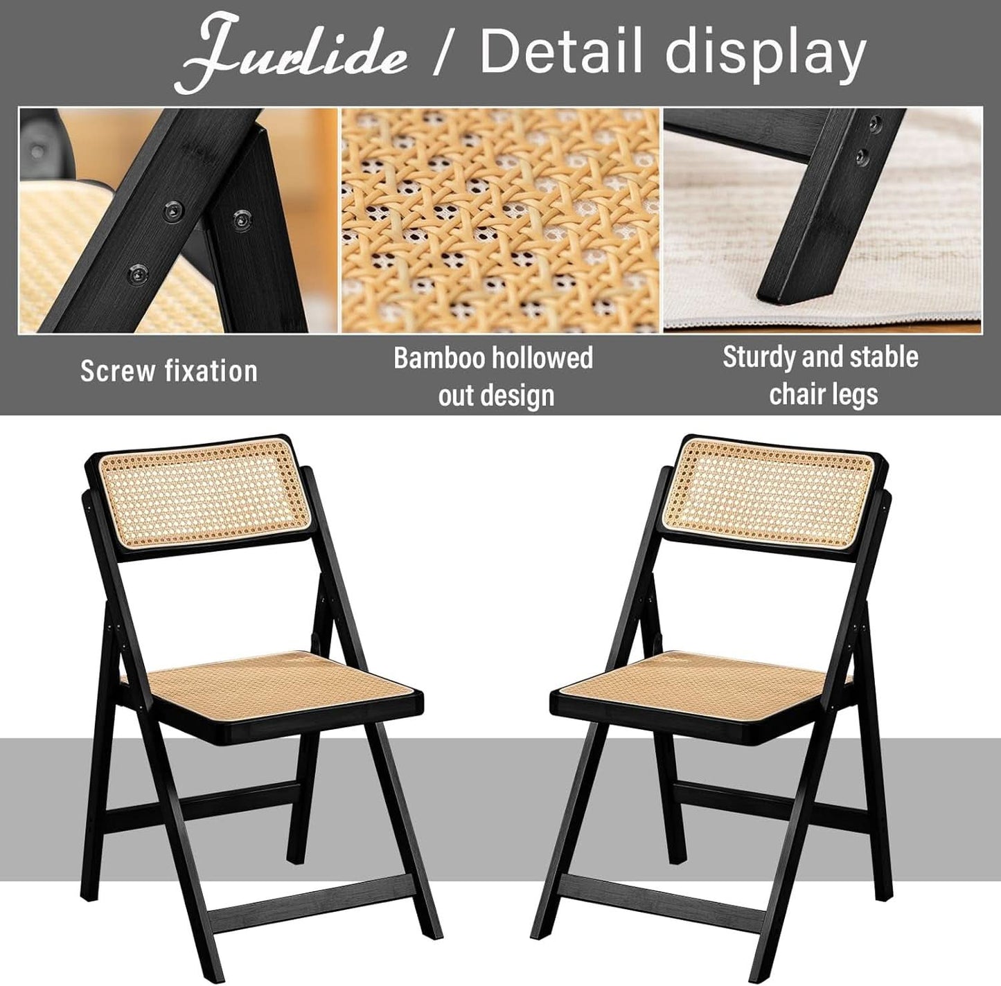 Rattan Folding Dining Chairs Set Of 2 Black Mid Century
