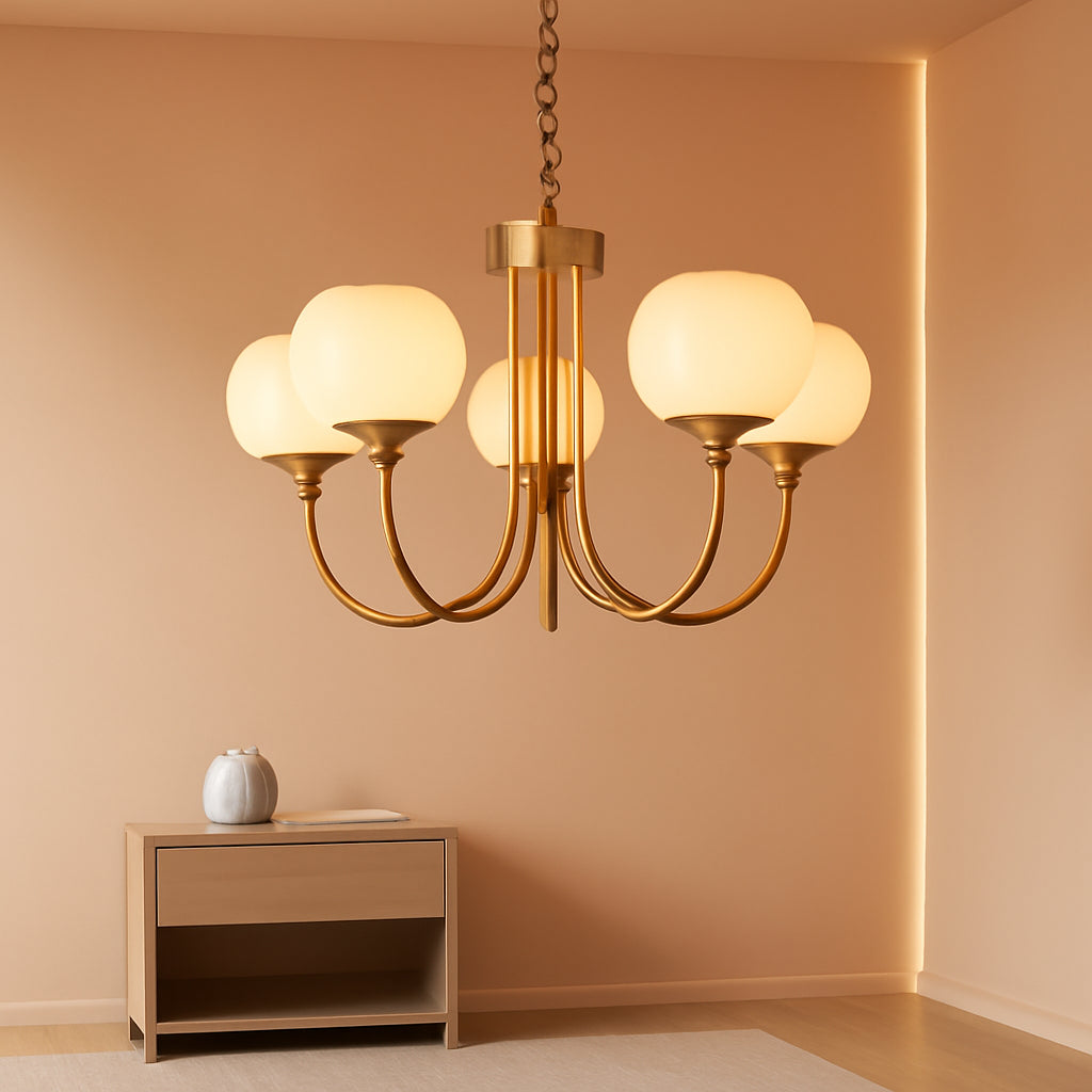Goldtone Finish Five Lighting Milk Glass Chandelier-0