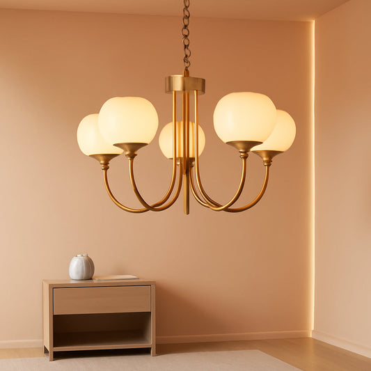 Goldtone Finish Five Lighting Milk Glass Chandelier-0