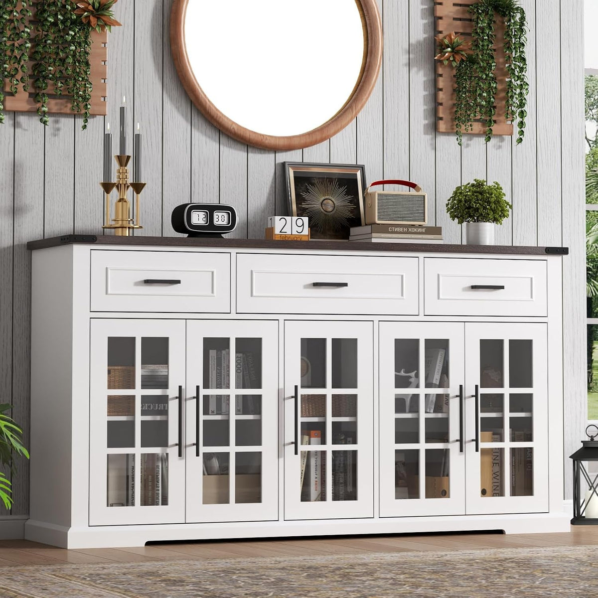 63Inch White Farmhouse Sideboard Cabinet Storage Organization-2