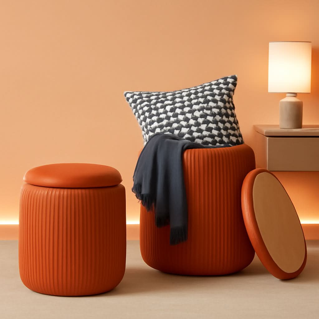 Two Orange Velvet Round Storage Ottoman Multifunction