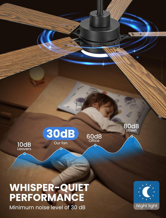 52Inch Matte Black Ceiling Fan Remote Dimmable LED Lights