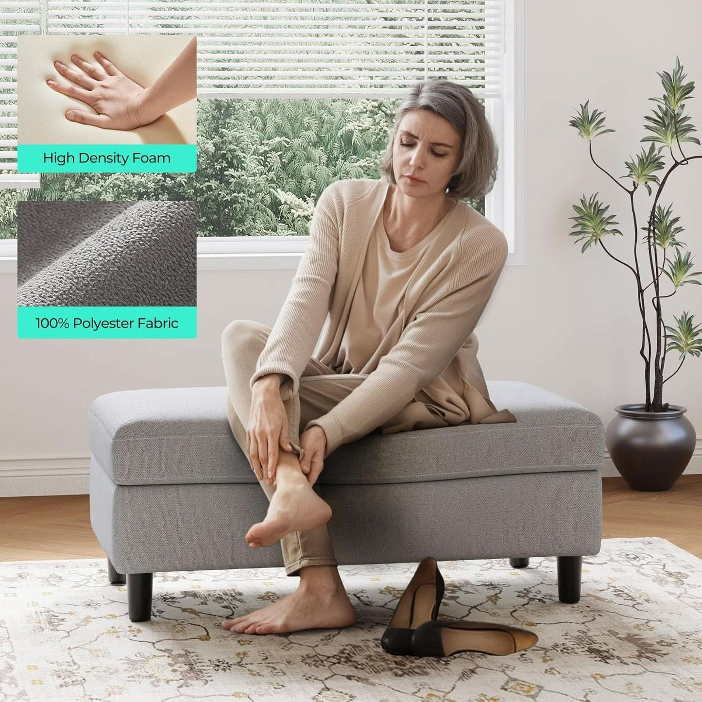 FortySixInch Grey Storage Ottoman Bench Upholstered Linen