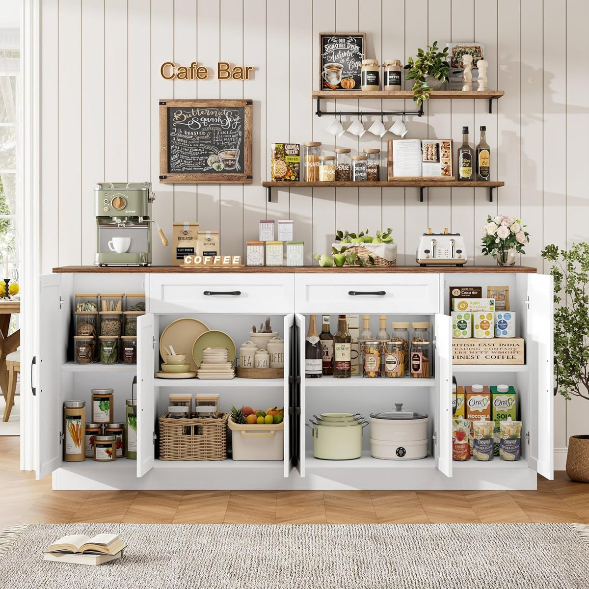 71-Inch White Side board Buffet Cabinet Soft-Close Doors