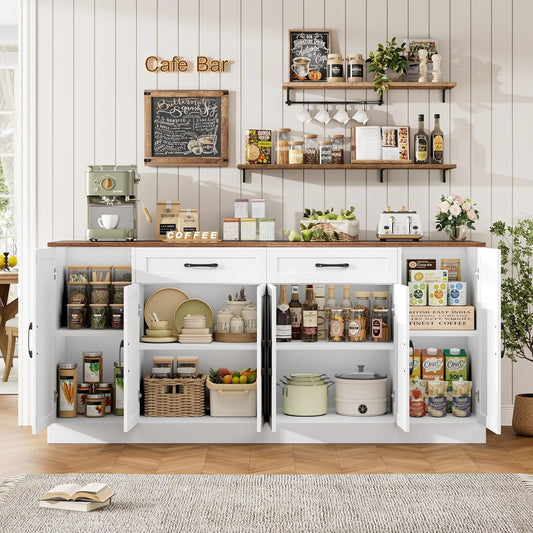 71-Inch White Side board Buffet Cabinet Soft-Close Doors