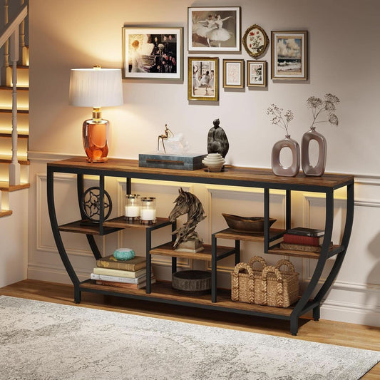 70.9 Inch Rustic Industrial Sofa Table Storage Shelves