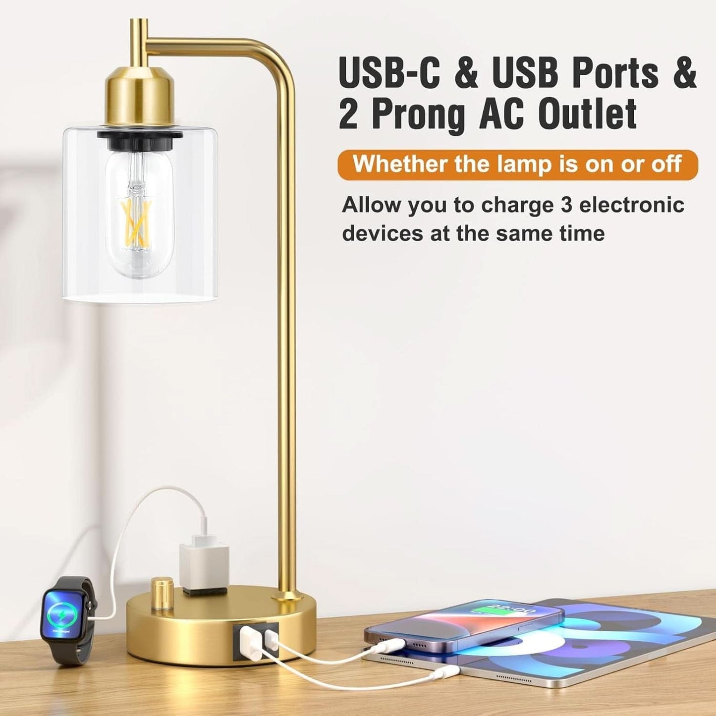 Industrial Dimmable Table Lamps Gold Finish With USB Ports