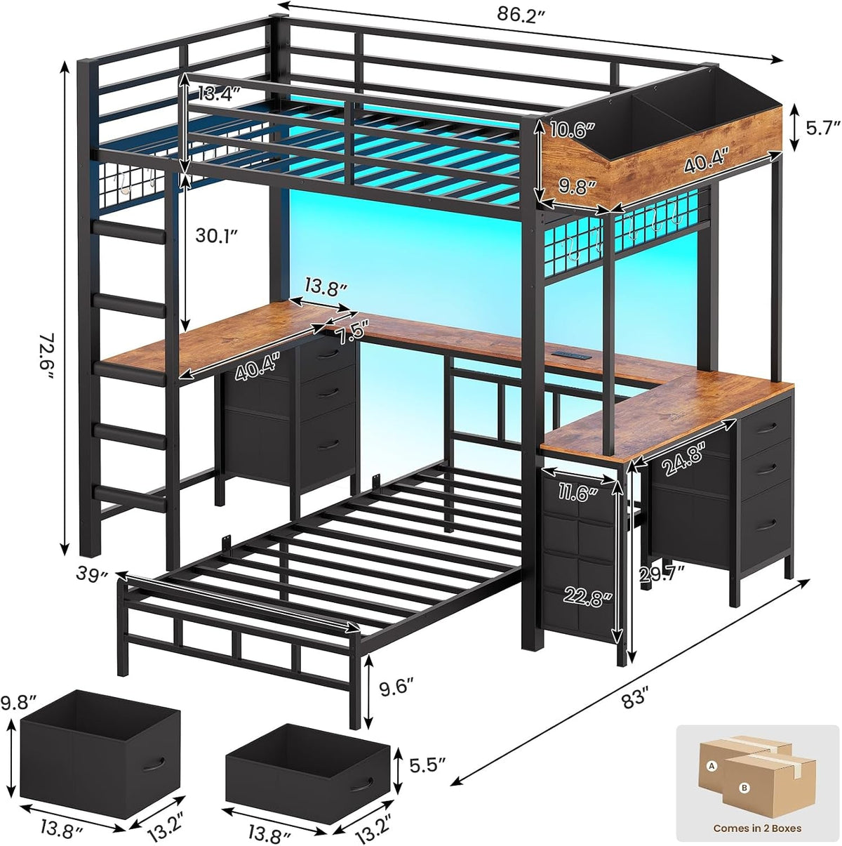 Black Industrial Twin Bunk Bed Desk BuiltIn Storage Drawers