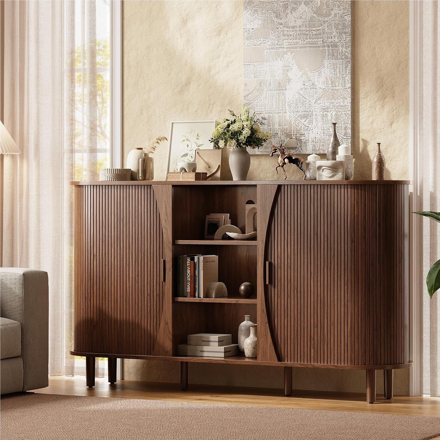 Walnut 59 Inches Curved Contemporary Buffet Cabinet