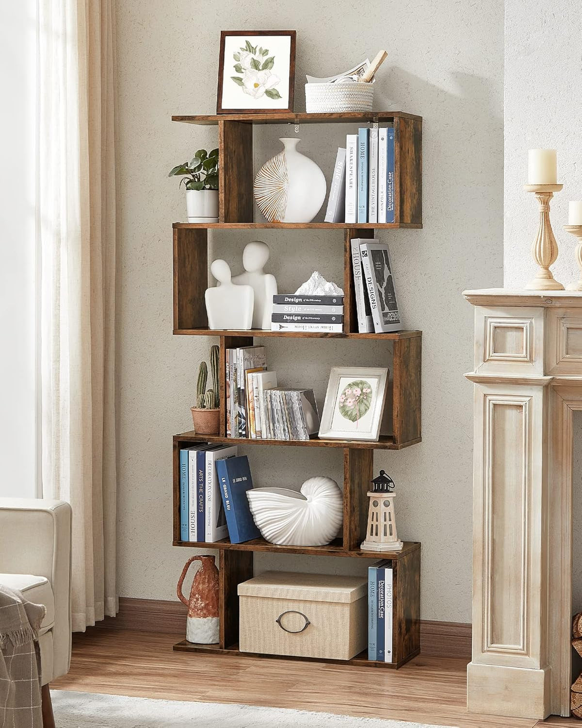 Rustic Brown Vertical Freestanding Bookcase 5 Tier